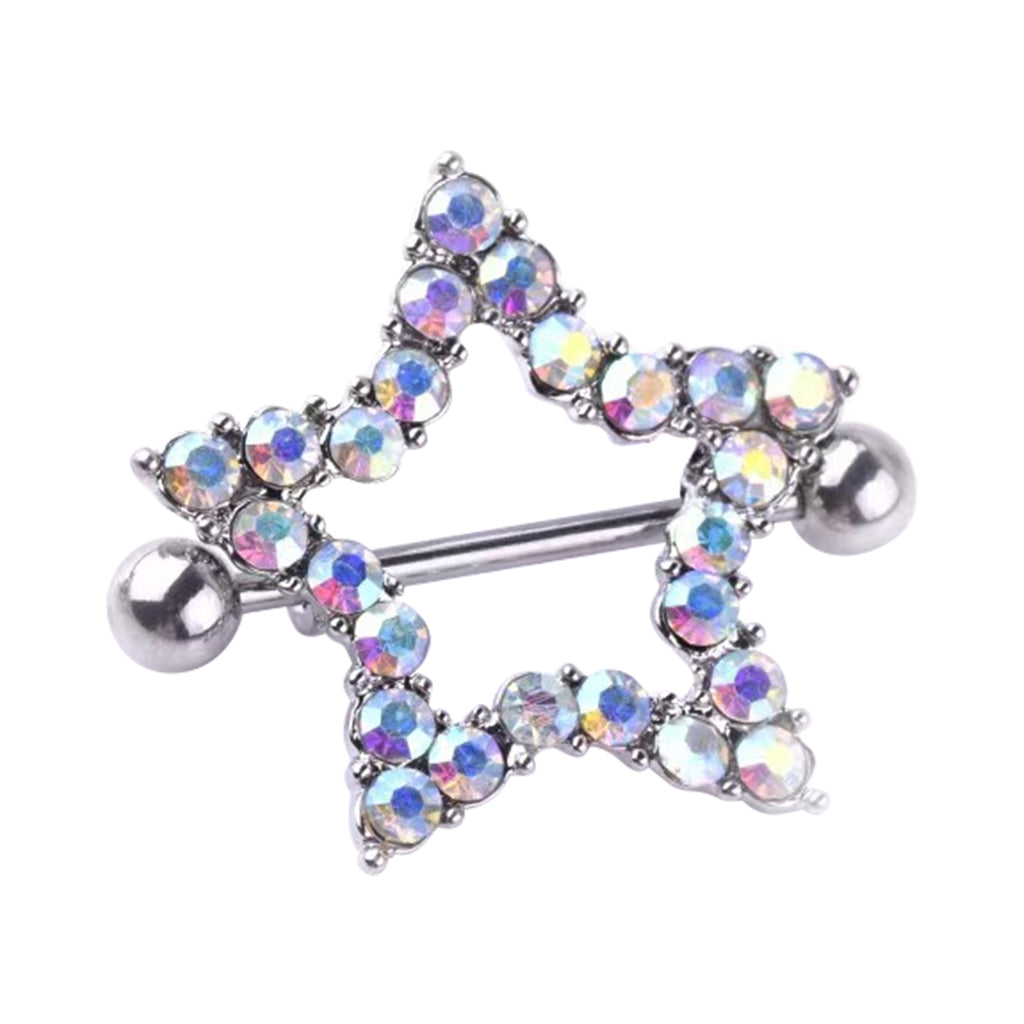 A silver-tone star-shaped nipple shield piercing encrusted with iridescent aurora borealis crystals against a white background.
