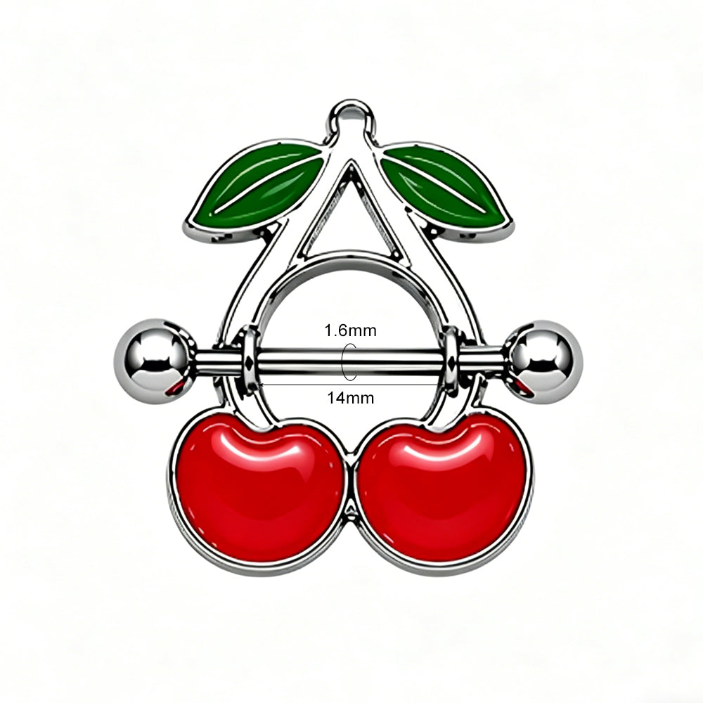 Size diagram of cherry nipple ring showing 1.6mm gauge and 14mm bar length.