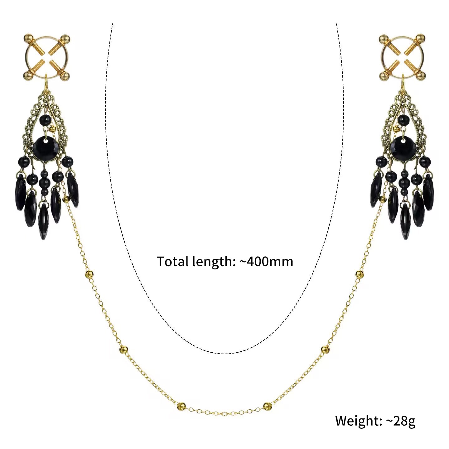 Antique gold circle screw clamp body chain assembly with black bead dangles for fake body piercing style.