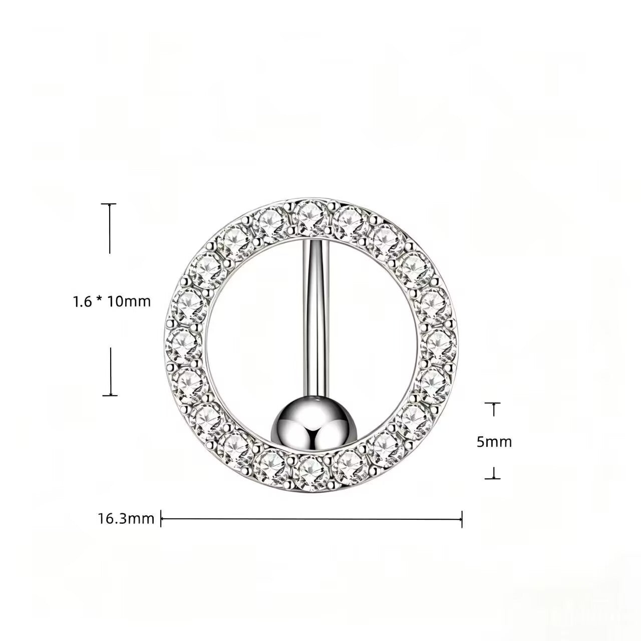 Measurement diagram for circle top drop belly ring featuring 16.3mm width and 10mm barbell length.