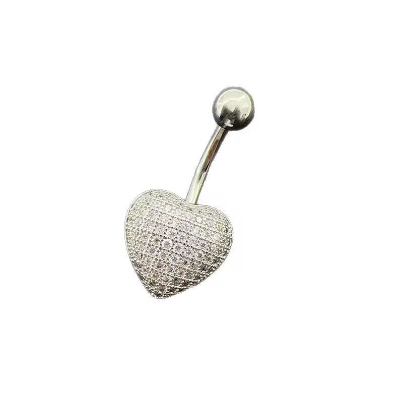 Pave-set cubic zirconia heart belly ring with top screw ball isolated on white background