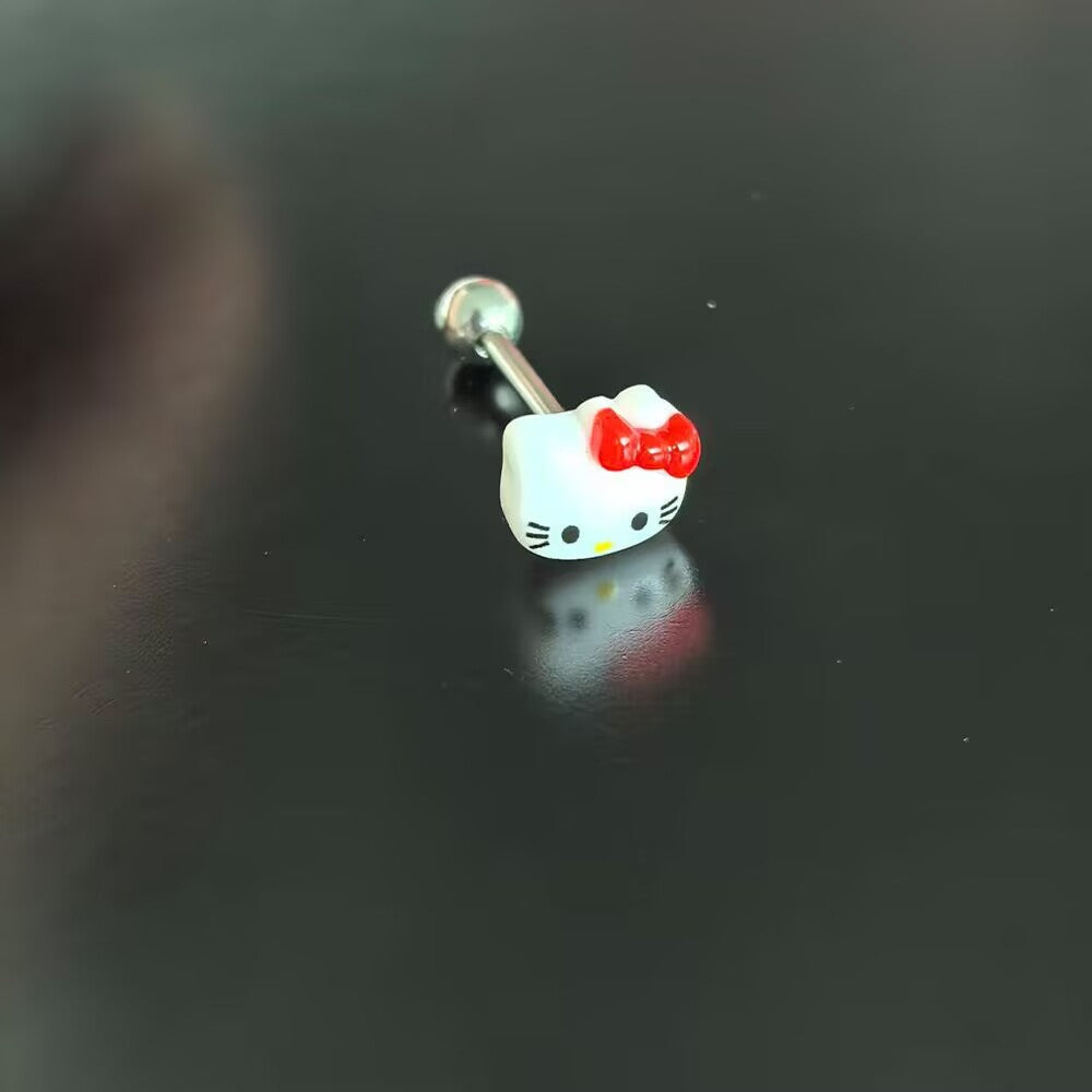 Classic white kitty character tongue piercing ring with a vibrant red bow top.