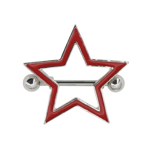 Close-up of a deep red star-shaped nipple shield for body piercing.