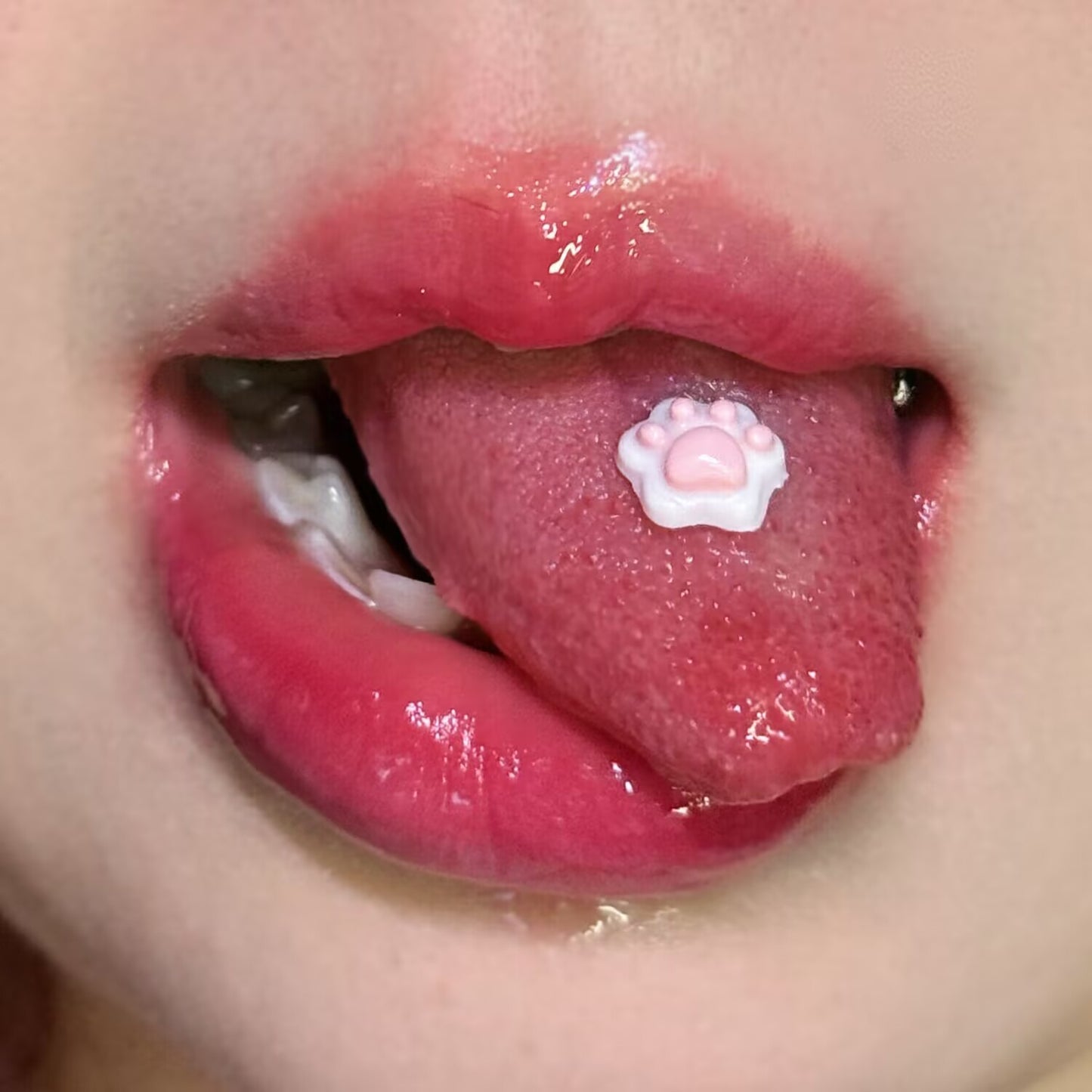 Classic white and pink resin cat paw tongue ring, cute daily wear barbell jewelry