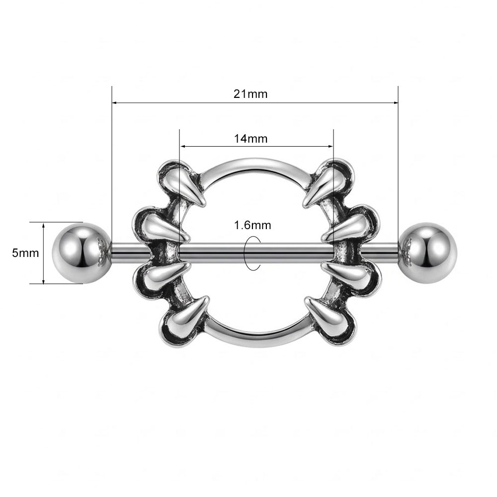 A technical diagram image of the Gothic claw nipple shield, showing precise measurement labels in millimeters: 21mm for the barbell length, 14mm for the shield inner diameter, 1.6mm for the barbell thickness, and 5mm for the ball ends.