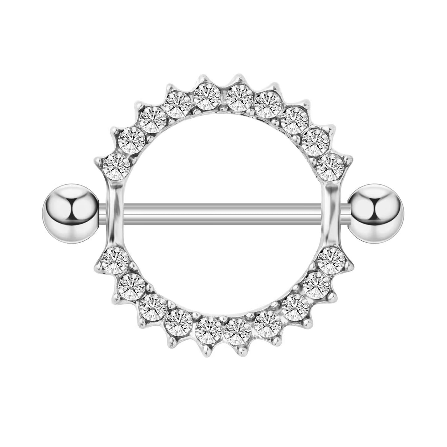 Front close-up view of a 14G nipple shield ring featuring a circular band paved with brilliant clear crystal stones on a white background.