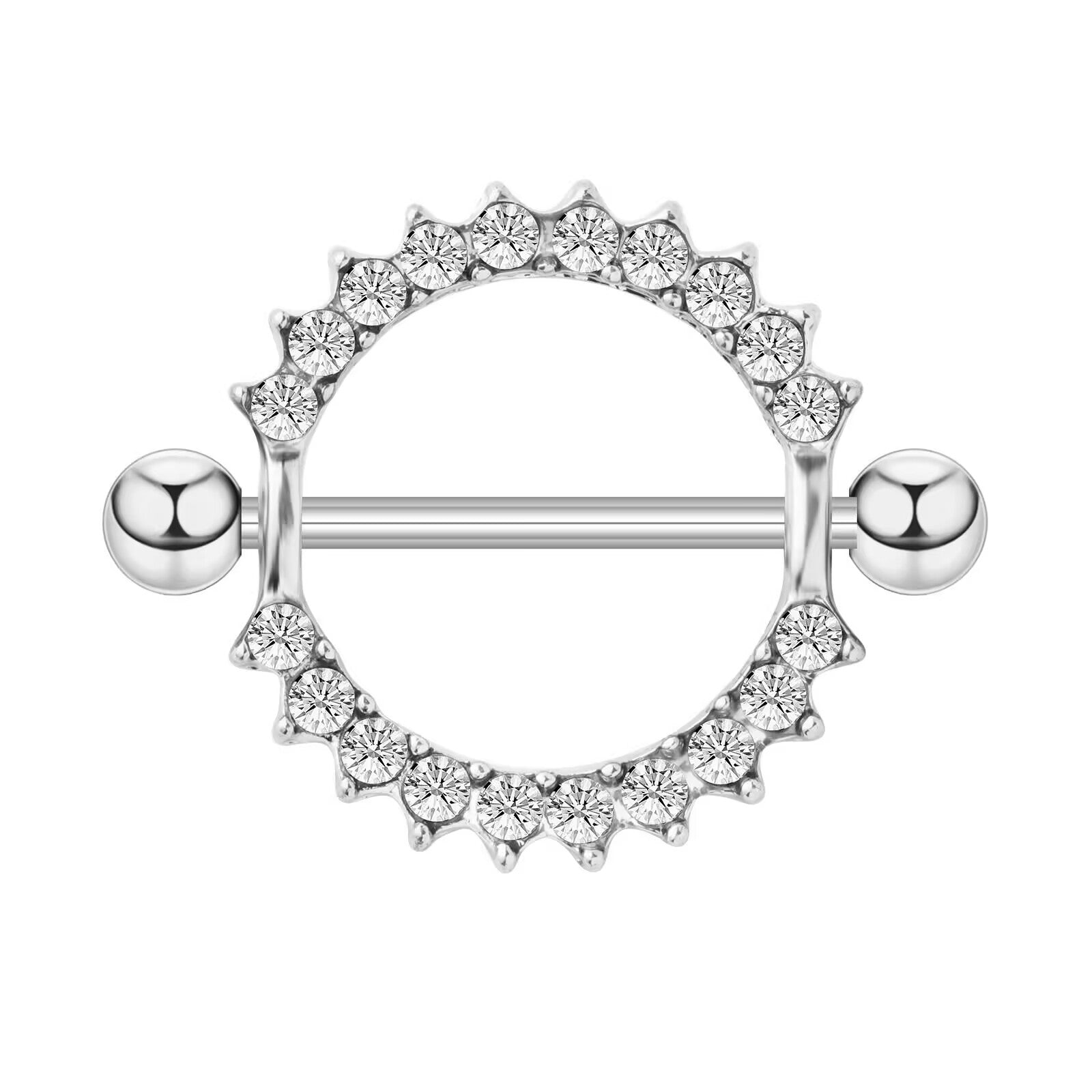 Front close-up view of a 14G nipple shield ring featuring a circular band paved with brilliant clear crystal stones on a white background.