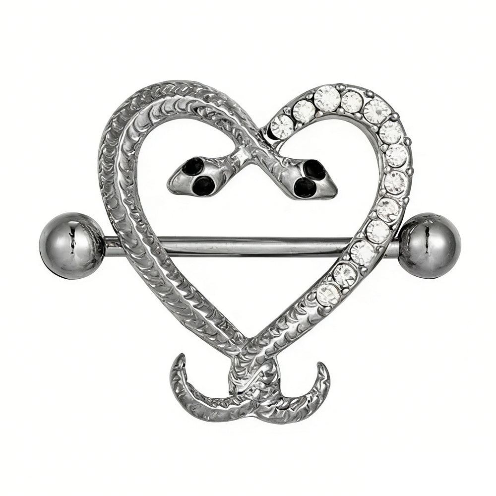 Gothic serpent heart nipple ring featuring clear shimmering gemstones.