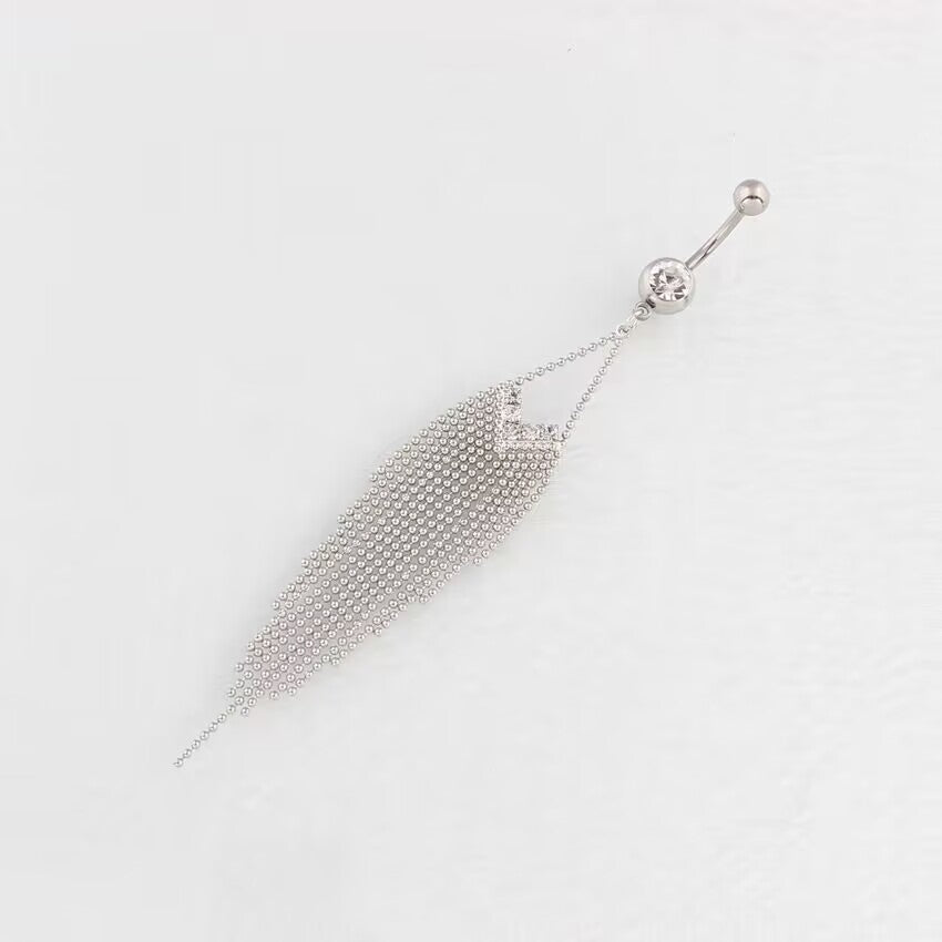 A silver dangle navel piercing jewelry piece with clear crystal embellishments on a classic curved barbell, featuring multi-layered cascading tassel chains.