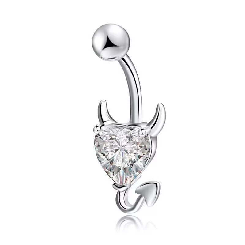 A high-polished clear crystal cubic zirconia devil heart belly button ring piercing jewelry.
