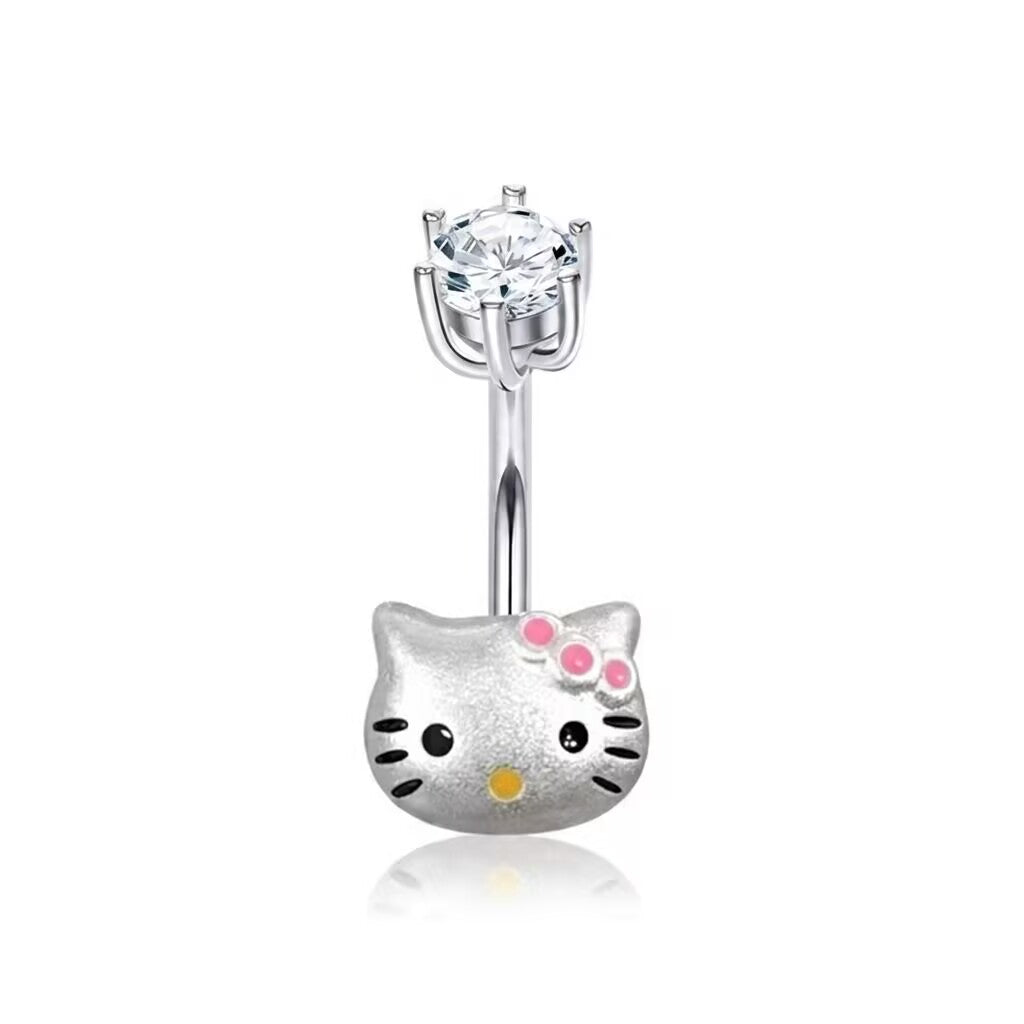 Y2K style Kitty belly button ring topped with a prong-set round clear cubic zirconia stone.