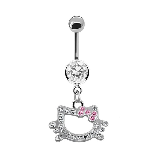 Single silver-tone clear and pink cubic zirconia cat-and-bow belly button ring on a white background