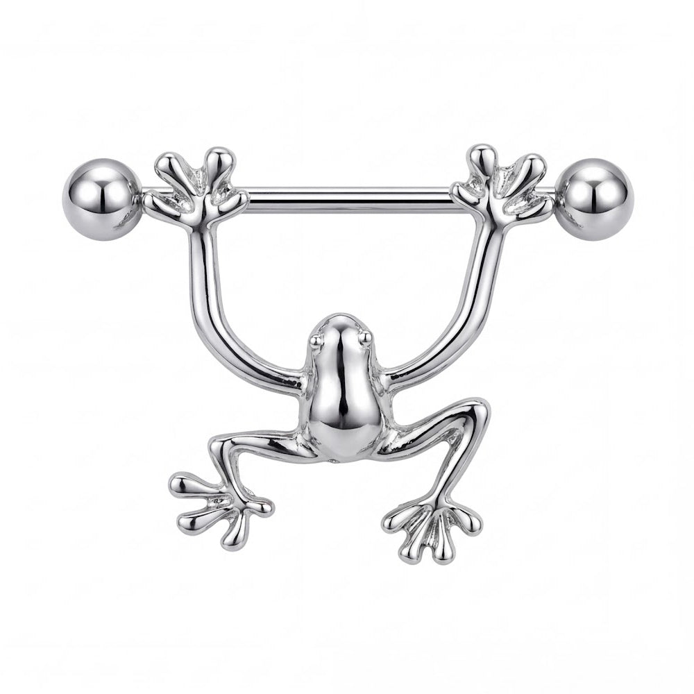 A high-definition close-up of a silver-toned frog nipple shield on a white background.