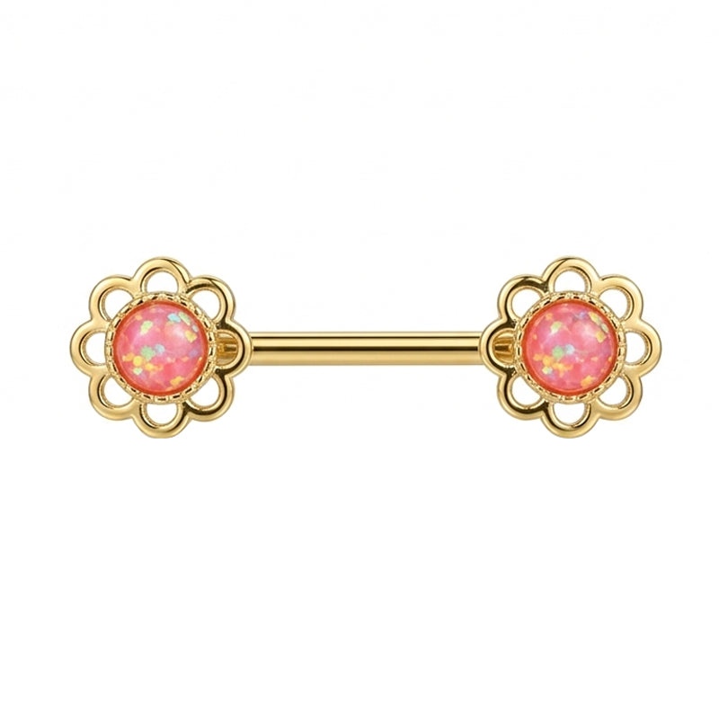 High-definition close-up of a pink floral non-pierced nipple barbell on a white background.