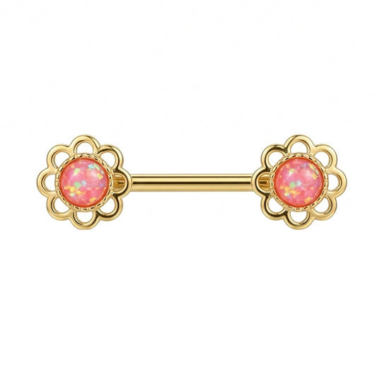 High-definition close-up of a pink floral non-pierced nipple barbell on a white background.