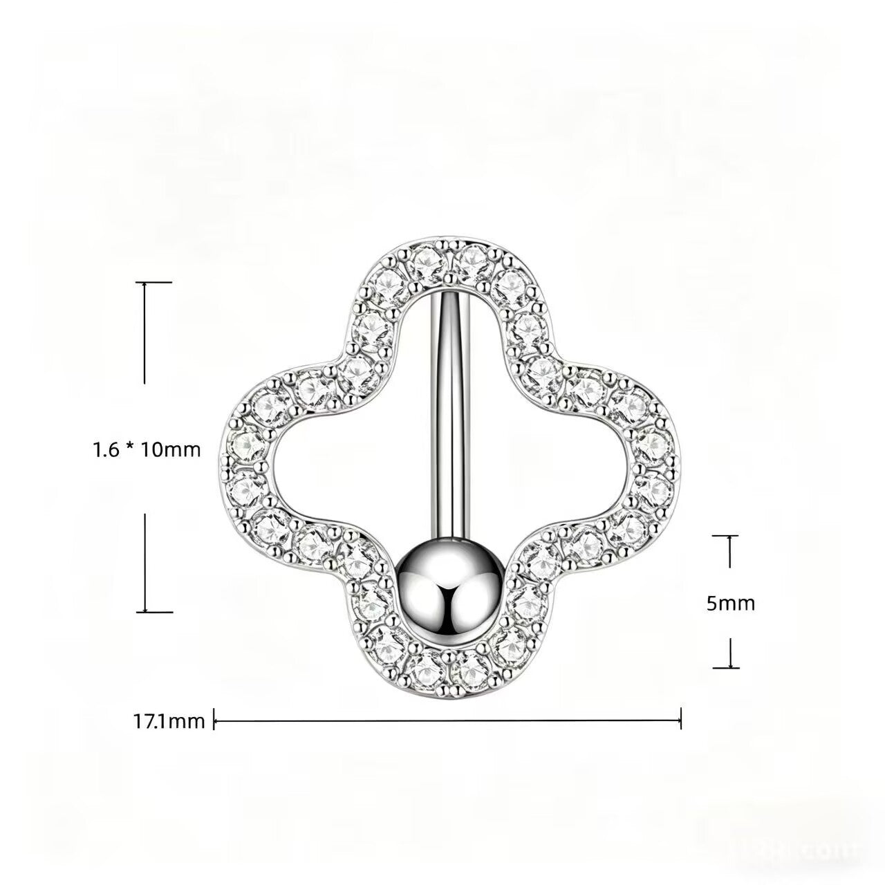 Dimension chart for clover reverse belly ring showing 14G 1.6x10mm bar and 17.1mm charm.