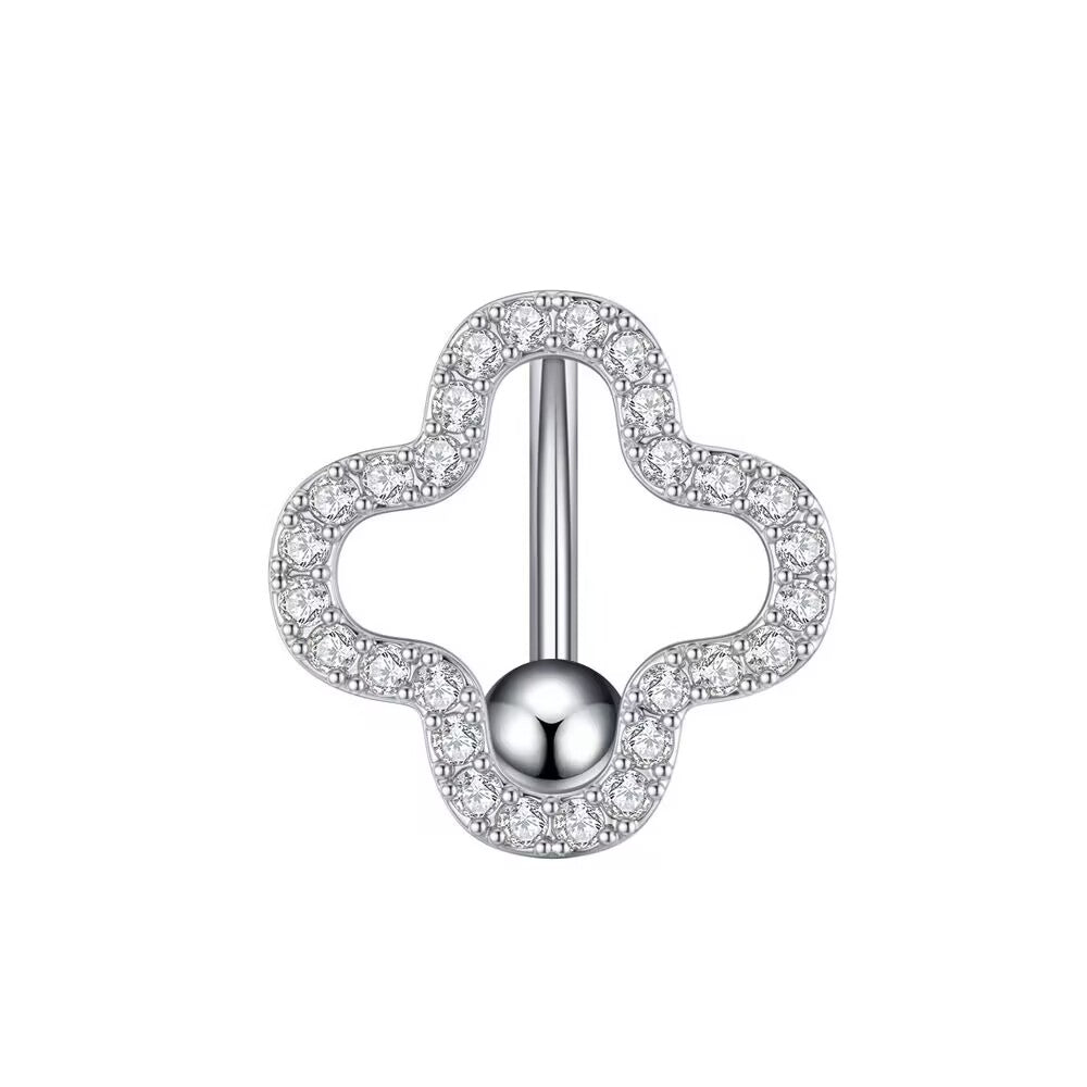 Four-leaf clover reverse navel ring with pave cubic zirconia stones and 1.6mm barbell.