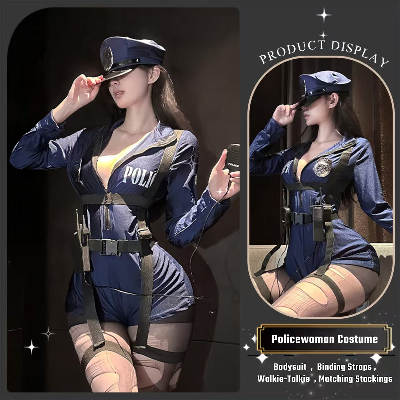 Complete product package of blue lingerie cop set showcasing the dynamic fit and included torn-style stockings.