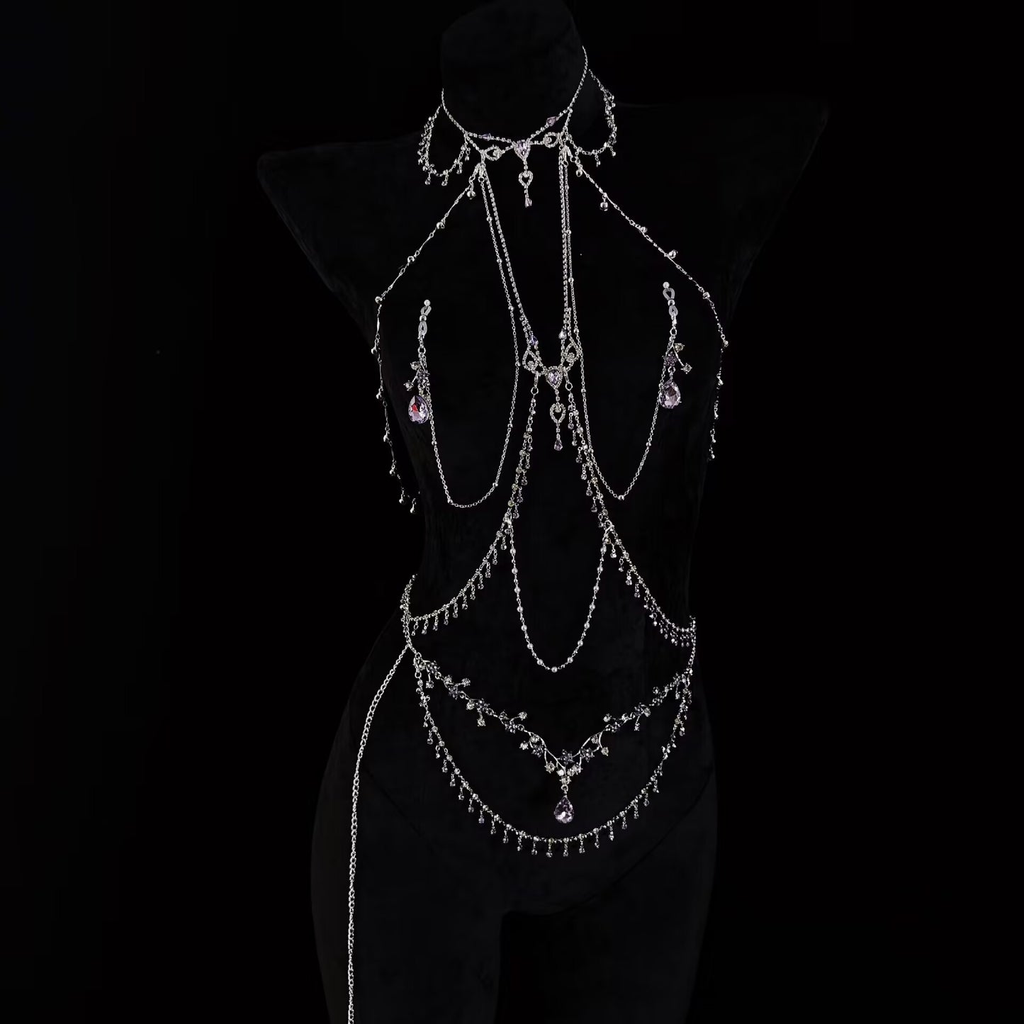 Amethyst Crystal Goth Body Chain Set - Detachable Nipple Clamps & Piercing Jewelry Lingerie Accents