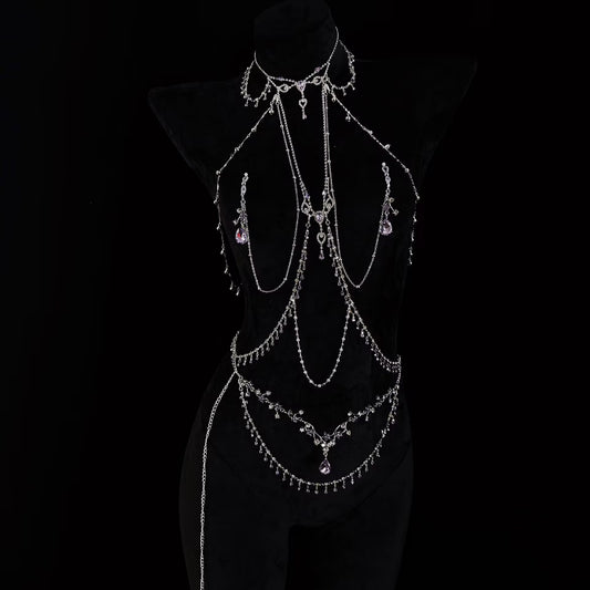 Amethyst Crystal Goth Body Chain Set - Detachable Nipple Clamps & Piercing Jewelry Lingerie Accents