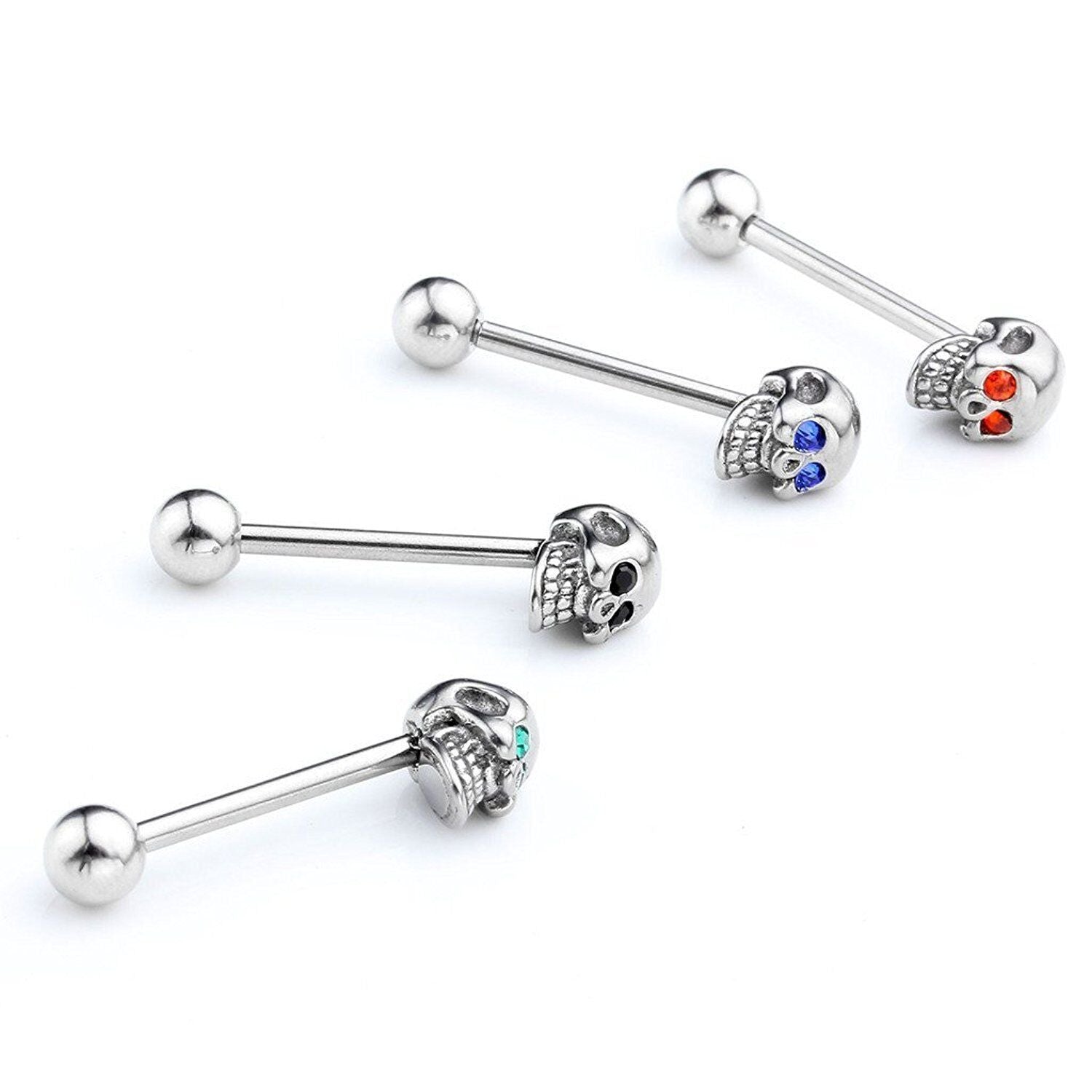 Four cool skull head tongue piercing barbells displayed with colored rhinestone eyes.