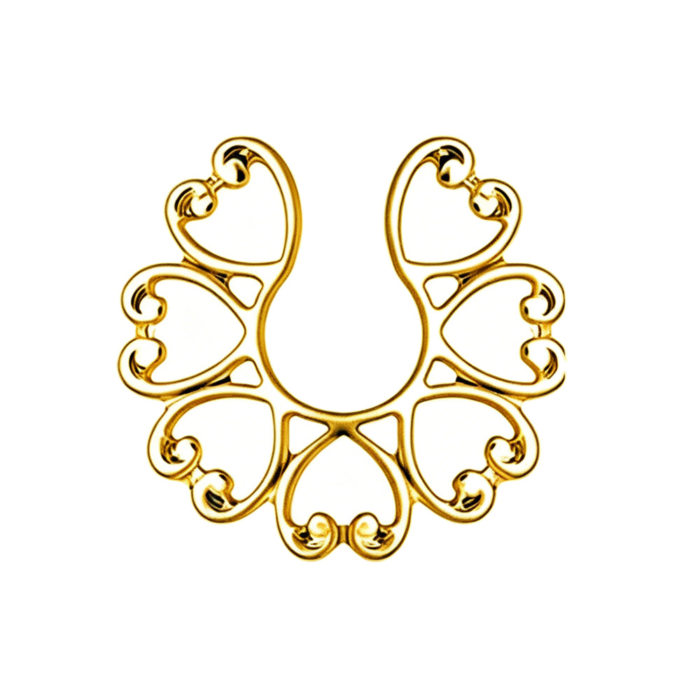 Radiant gold non-pierced fake nipple ring shield with a symmetrical heart patterned lace motif for alternative fashion.