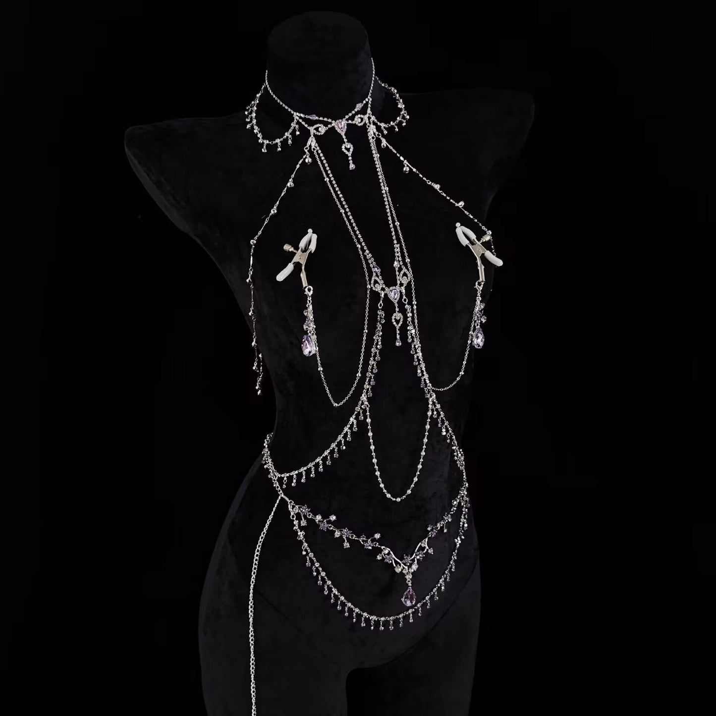 Amethyst Crystal Goth Body Chain Set - Detachable Nipple Clamps & Piercing Jewelry Lingerie Accents
