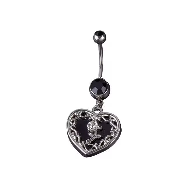 Gothic romance black enamel heart belly ring enclosed in a silver filigree frame with a 3D silver rose charm.