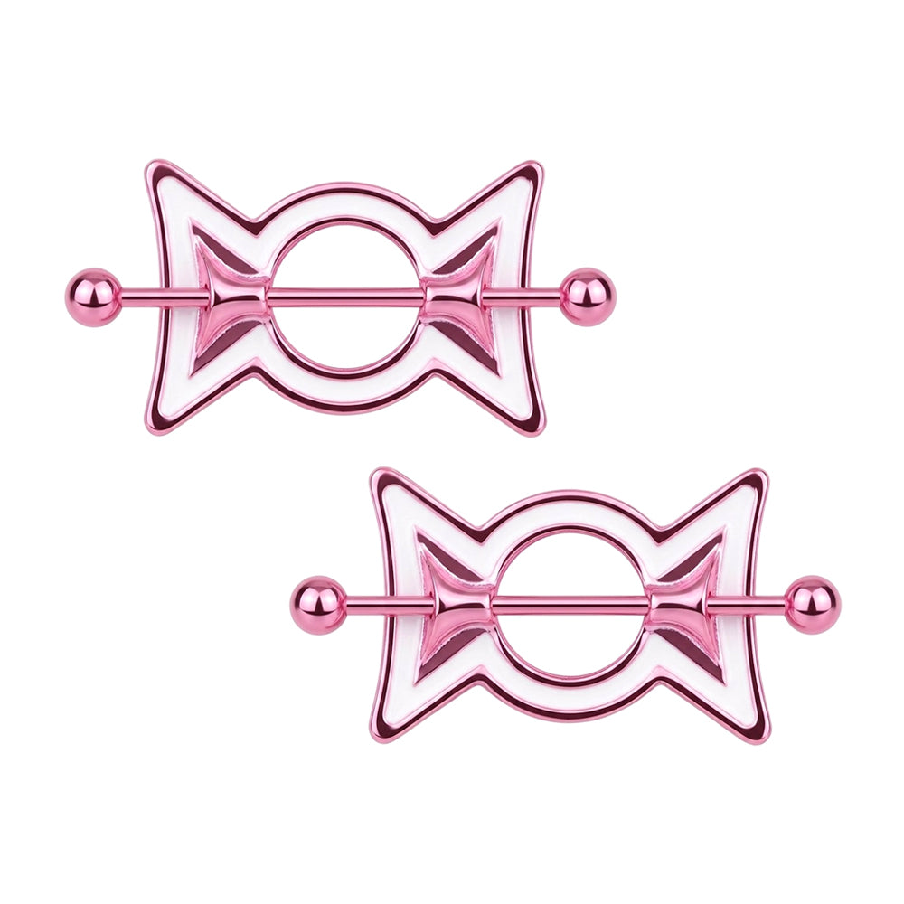A pair of coquette style pastel pink and white sweet candy bowknot shape nipple shields sold as a set for high-quality body jewelry piercing.
