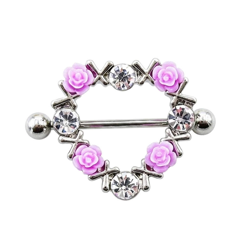 A single silver heart-shaped nipple shield ring featuring four pastel pink mini roses and four sparkling round crystals, showcased on a pure white background.