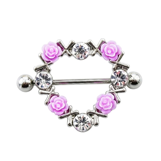A single silver heart-shaped nipple shield ring featuring four pastel pink mini roses and four sparkling round crystals, showcased on a pure white background.