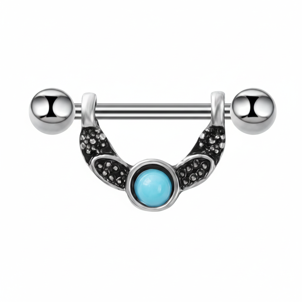 High-resolution front view of a crescent moon nipple shield with turquoise inlay on a white background.