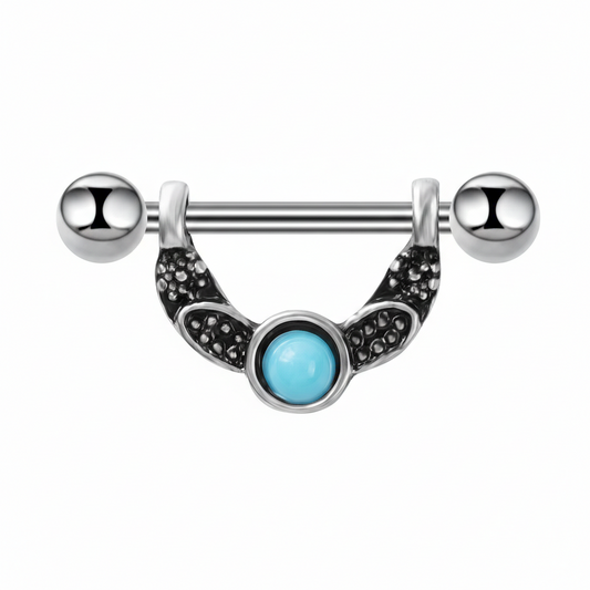 High-resolution front view of a crescent moon nipple shield with turquoise inlay on a white background.