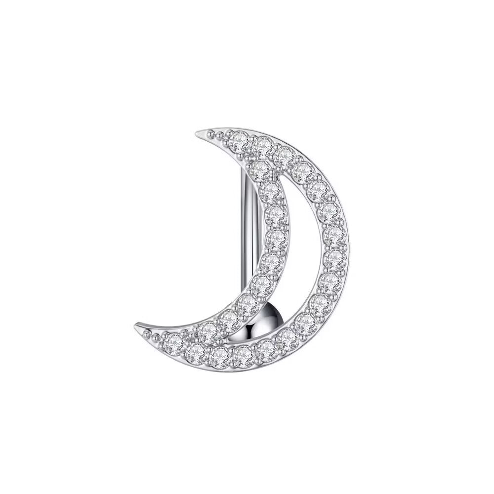 Silver-tone crescent moon reverse belly ring featured with pave CZ crystals.