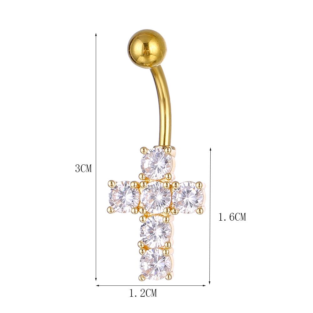 Size chart and dimensions of the CZ cross belly button ring, total length 3cm, cross pendant 1.6cm by 1.2cm.