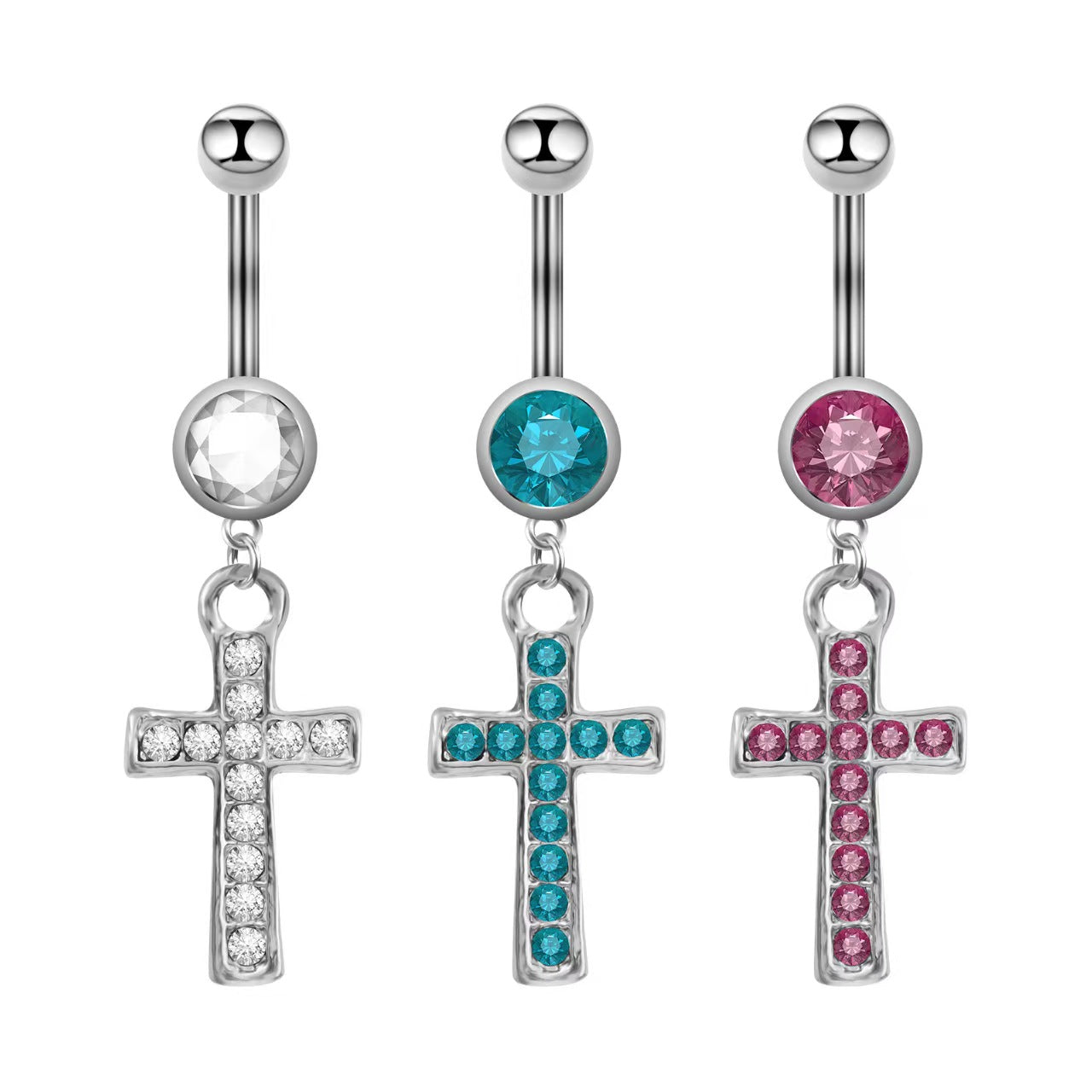 Three color variations of the cross dangle navel ring: classic clear white, beach aqua blue, and soft pink crystals.