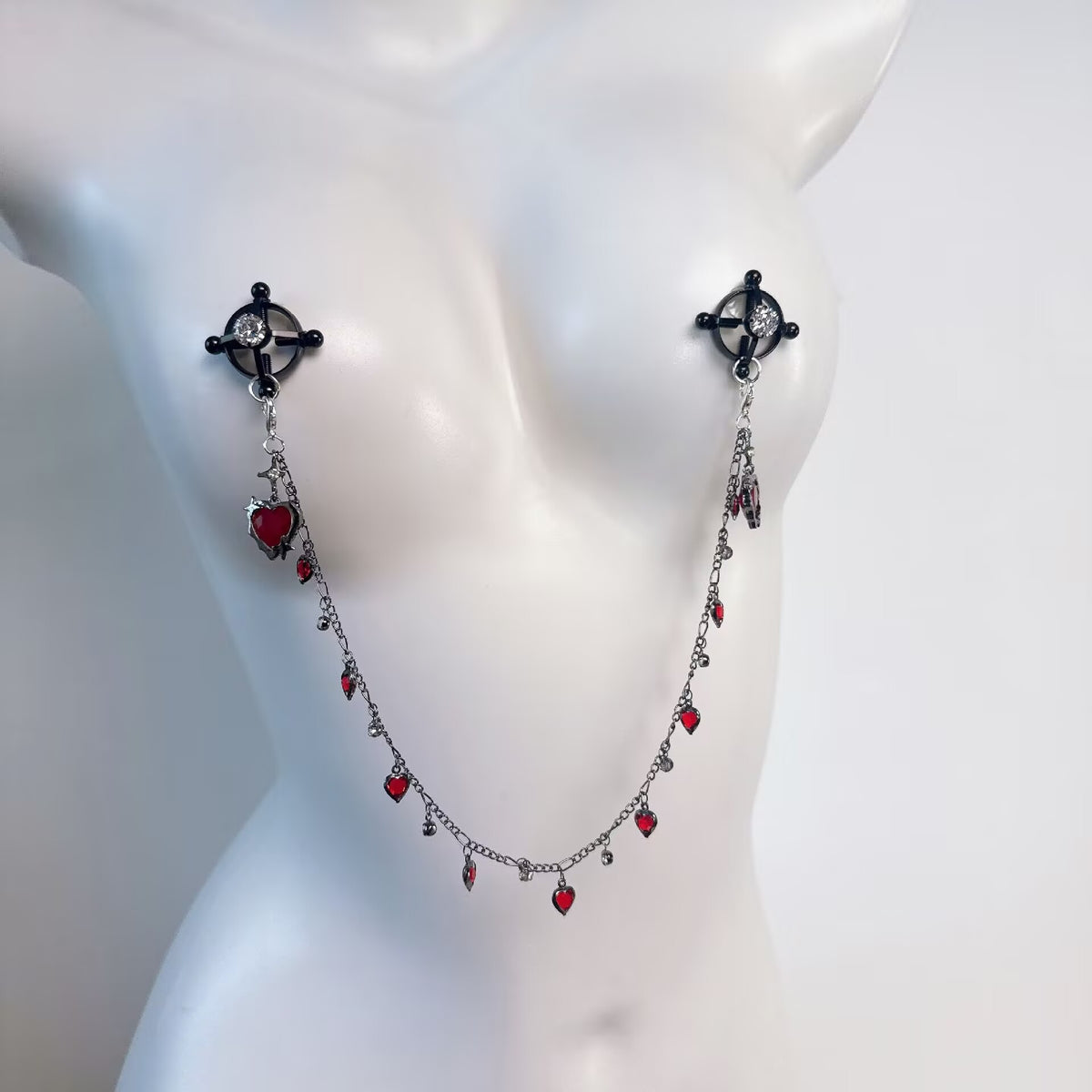 Rhinestone cross non-pierced nipple shield clamps with hanging red crystal heart chain