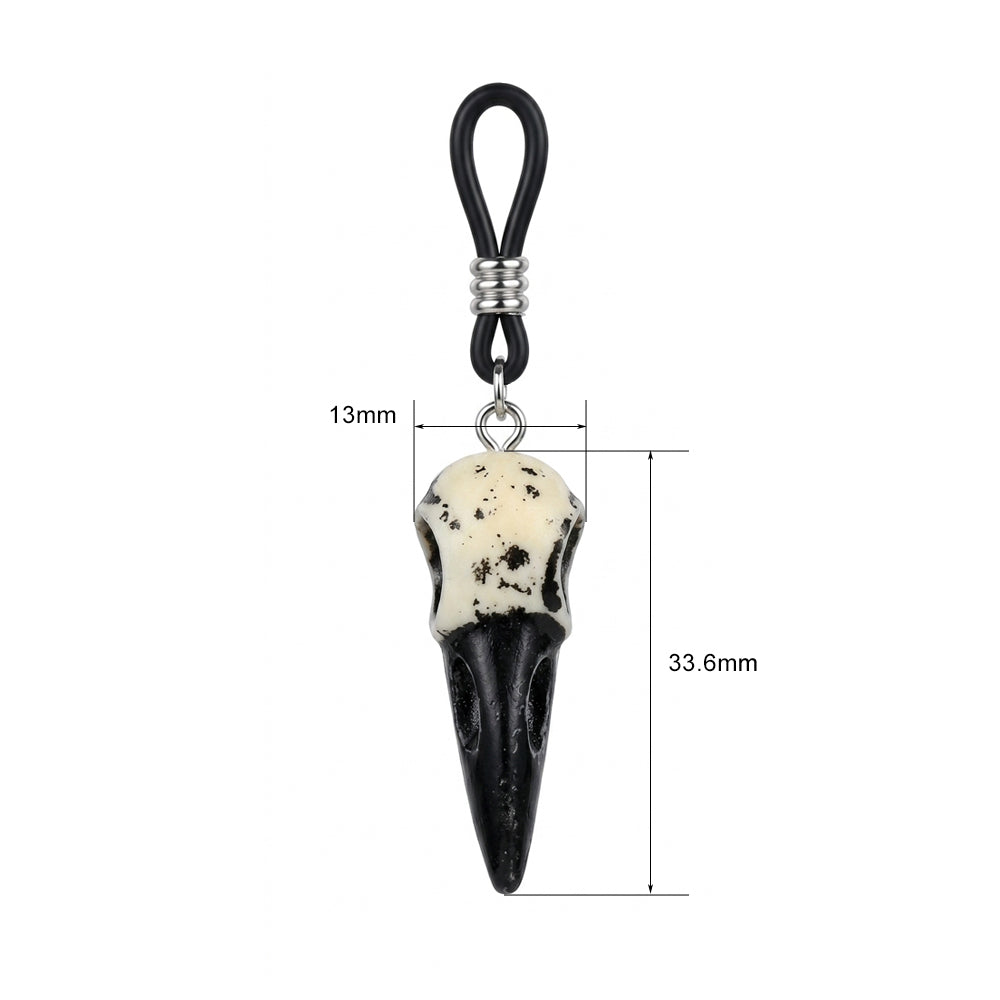 Size specifications for the crow skull nipple loop jewelry, showing a skull length of 33.6mm, width of 13mm, and an adjustable loop length of 22.5mm.