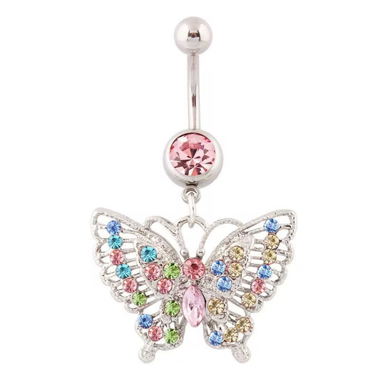 Front view of a silver crystal butterfly dangle belly button ring with rainbow multi-color sparkling cubic zirconia crystals.