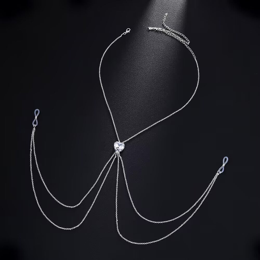 Crystal clear heart gemstone non-pierced nipple ring harness body jewelry with multi-tier silver dangling chains.