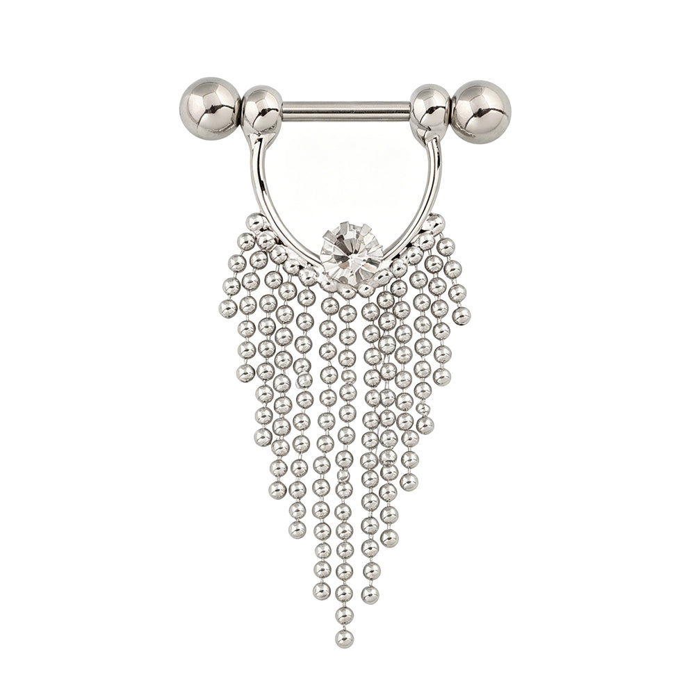 Front view of a silver crystal dangle nipple shield with a U-shaped hoop and cascading beaded tassel fringe on a pure white background.