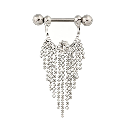 Front view of a silver crystal dangle nipple shield with a U-shaped hoop and cascading beaded tassel fringe on a pure white background.