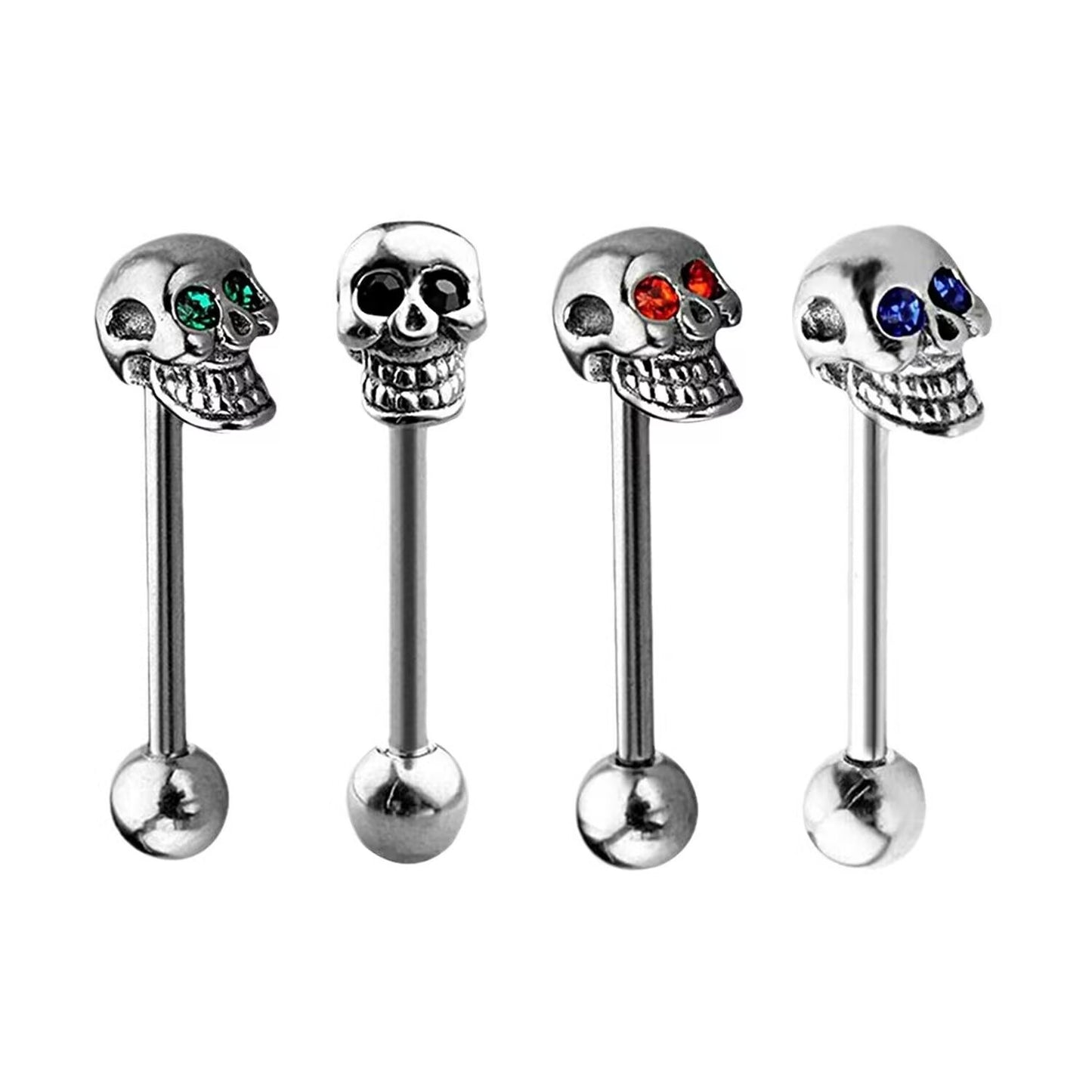 Set of four crystal eye skull tongue barbells featuring blue, red, green, and black gems.