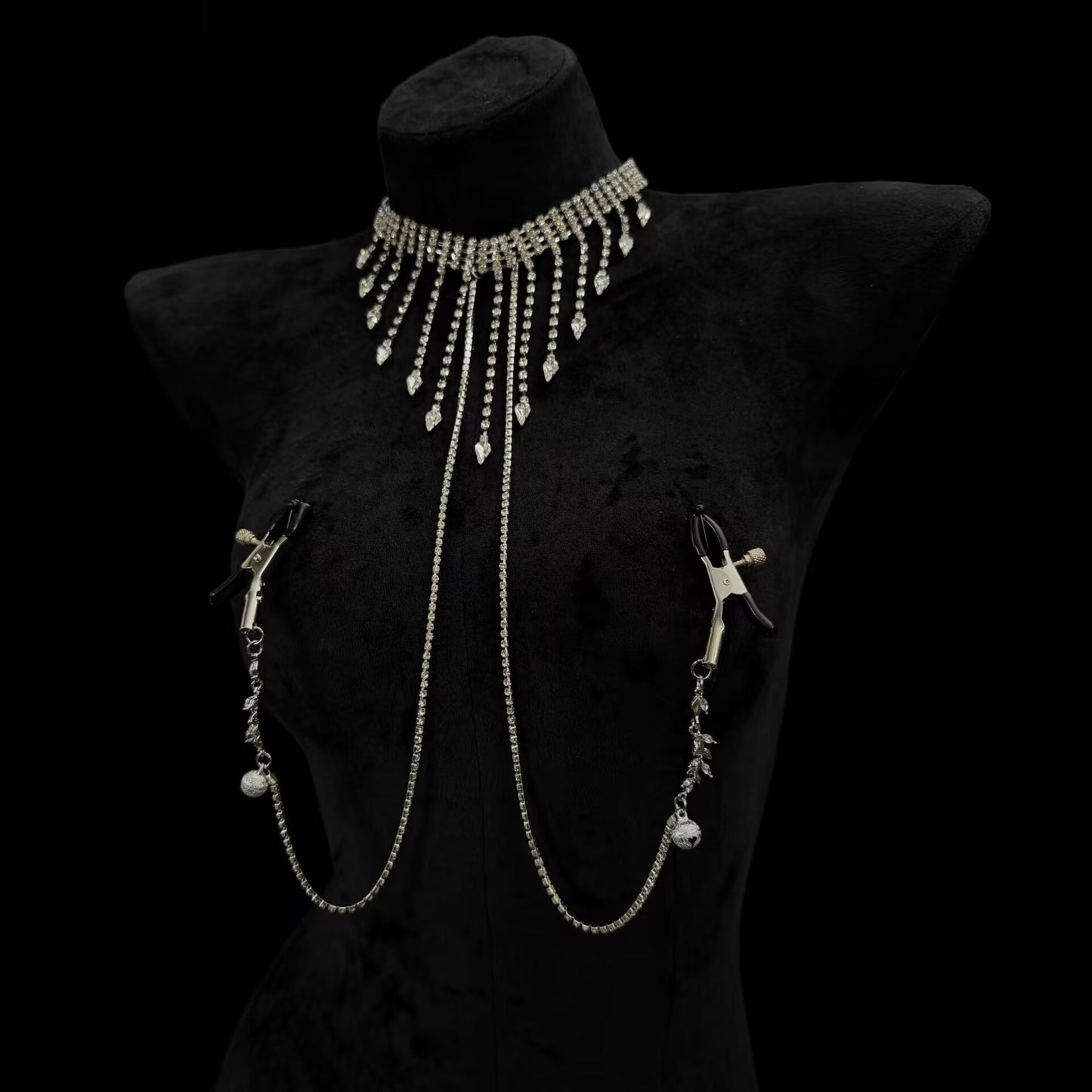 Crystal tassel choker body chain with rubber-coated alligator nipple clamps for secure wear.