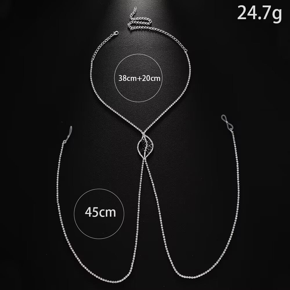 Diagram showing dimensions of $38cm+20cm$ neck chain, $45cm$ drop chain, and $24.7g$ weight for leaf body chain.