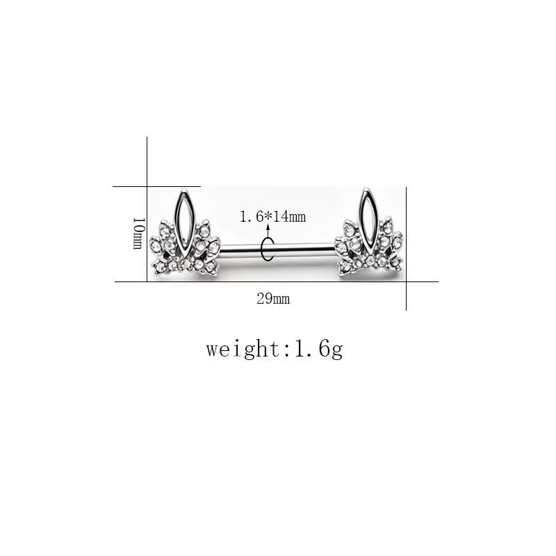 Sparkling crystal paved crown ends nipple barbell ring 1.6x14mm measurement guide.