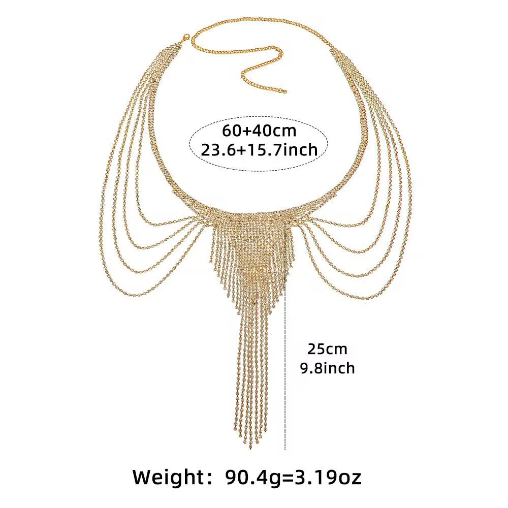 Size chart for the crystal tassel waist chain featuring 60cm plus 40cm adjustable length and 25cm center drop.