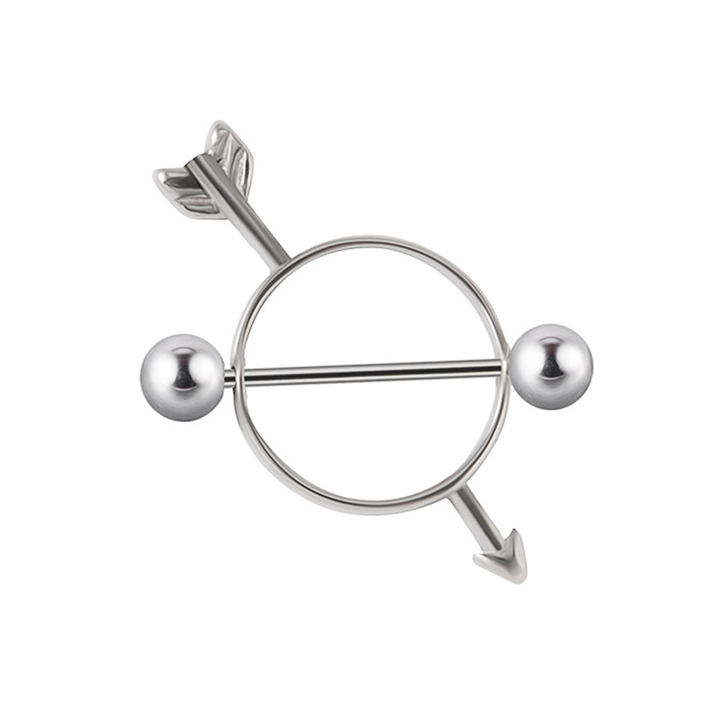 A silver-toned Cupid's arrow nipple shield ring featuring a central bar with an arrowhead and fletching passing through a circular frame.