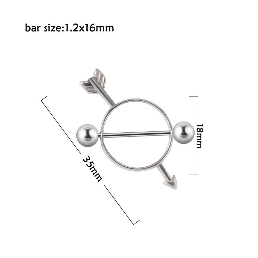Technical size chart for Cupid's arrow nipple piercing jewelry showing a 35mm arrow length and 18mm shield diameter.