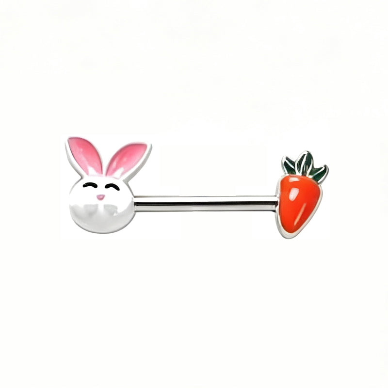 Cute white bunny and vibrant orange carrot 14G straight barbell nipple ring with smooth enamel detailing.